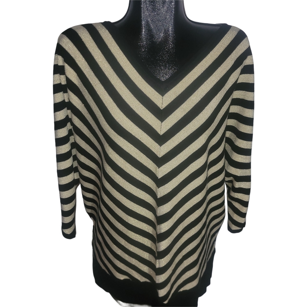 Joan Vass Striped V-Neck Sweater In Black and Gold 3X